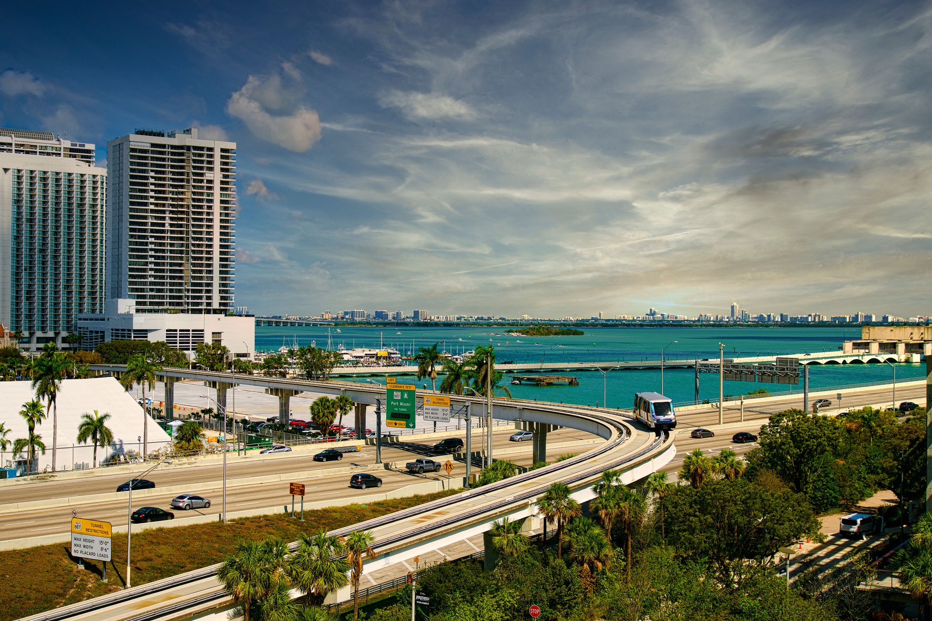 Cars driving on the elevated freeway in Downtown Miami, Florida